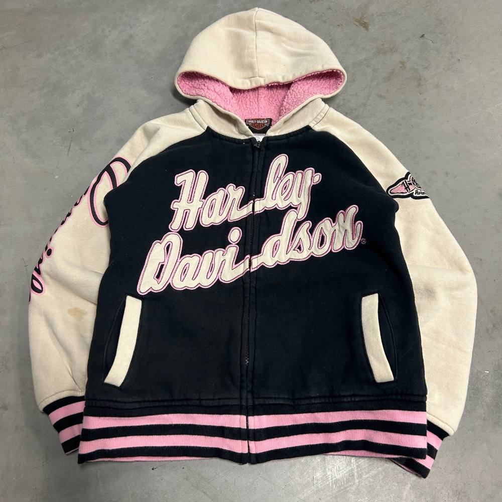 Harley Davidson Womens Zip Hoodie Black Pink Varsity Sherpa Lined Size 7/8